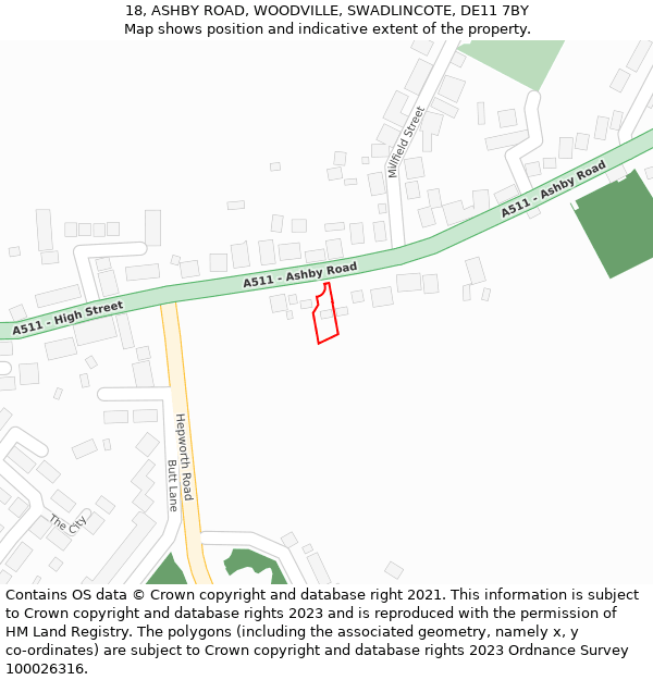 18, ASHBY ROAD, WOODVILLE, SWADLINCOTE, DE11 7BY: Location map and indicative extent of plot
