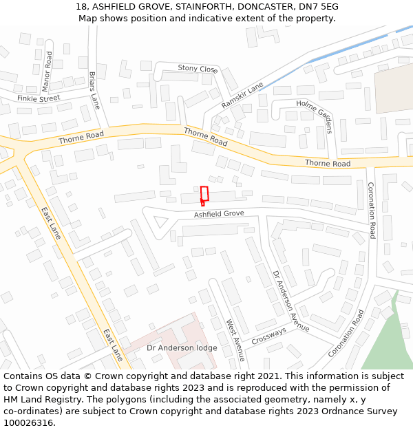 18, ASHFIELD GROVE, STAINFORTH, DONCASTER, DN7 5EG: Location map and indicative extent of plot