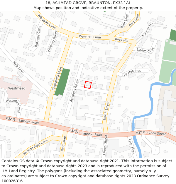 18, ASHMEAD GROVE, BRAUNTON, EX33 1AL: Location map and indicative extent of plot