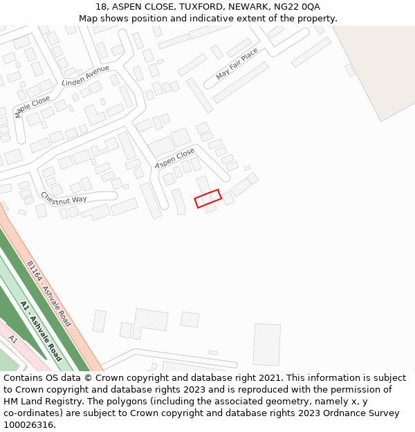 18, ASPEN CLOSE, TUXFORD, NEWARK, NG22 0QA: Location map and indicative extent of plot