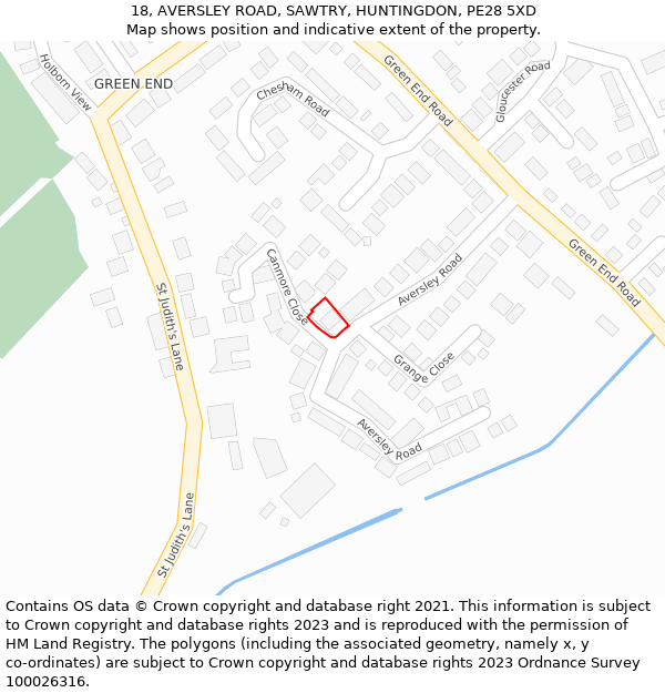 18, AVERSLEY ROAD, SAWTRY, HUNTINGDON, PE28 5XD: Location map and indicative extent of plot