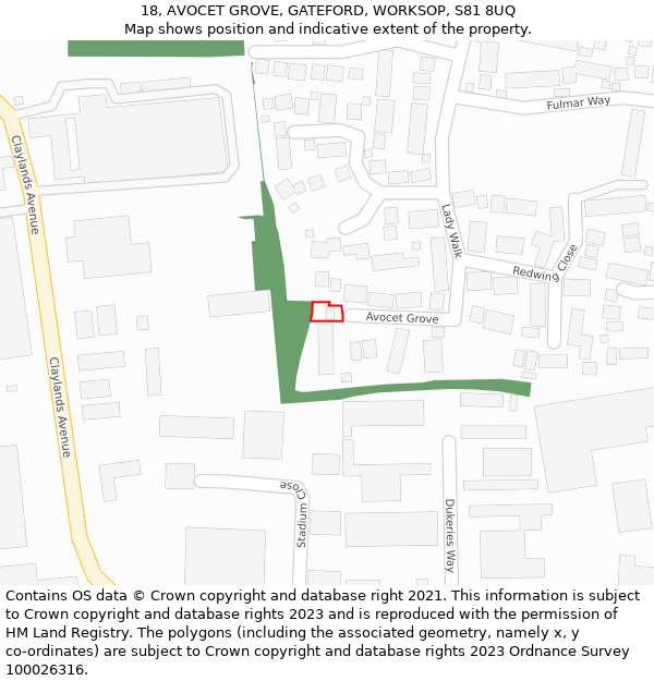 18, AVOCET GROVE, GATEFORD, WORKSOP, S81 8UQ: Location map and indicative extent of plot