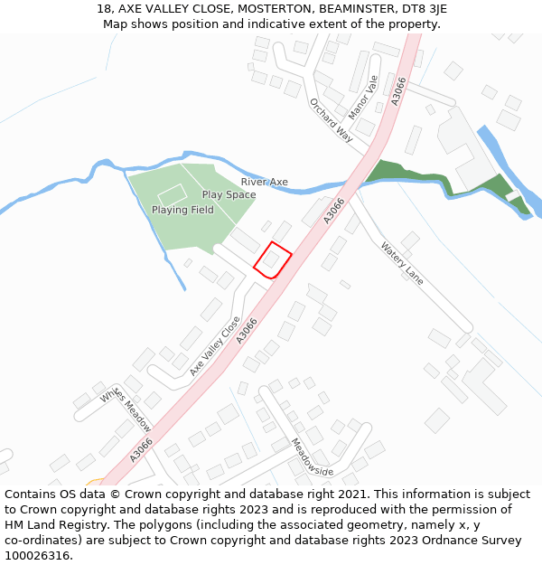 18, AXE VALLEY CLOSE, MOSTERTON, BEAMINSTER, DT8 3JE: Location map and indicative extent of plot