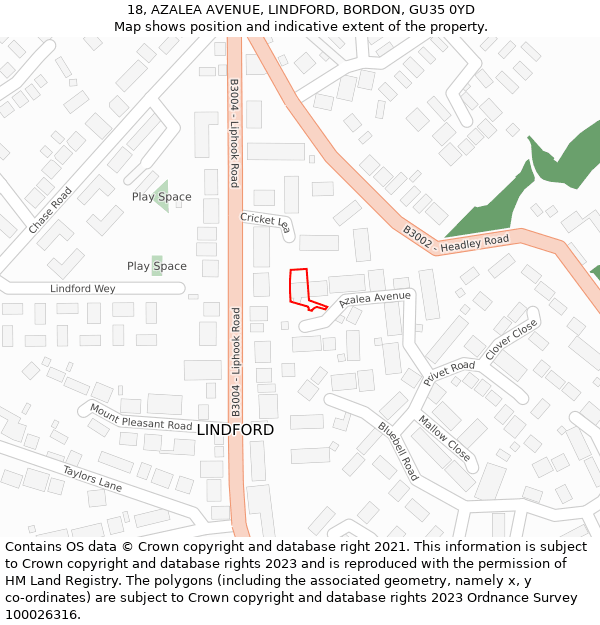 18, AZALEA AVENUE, LINDFORD, BORDON, GU35 0YD: Location map and indicative extent of plot