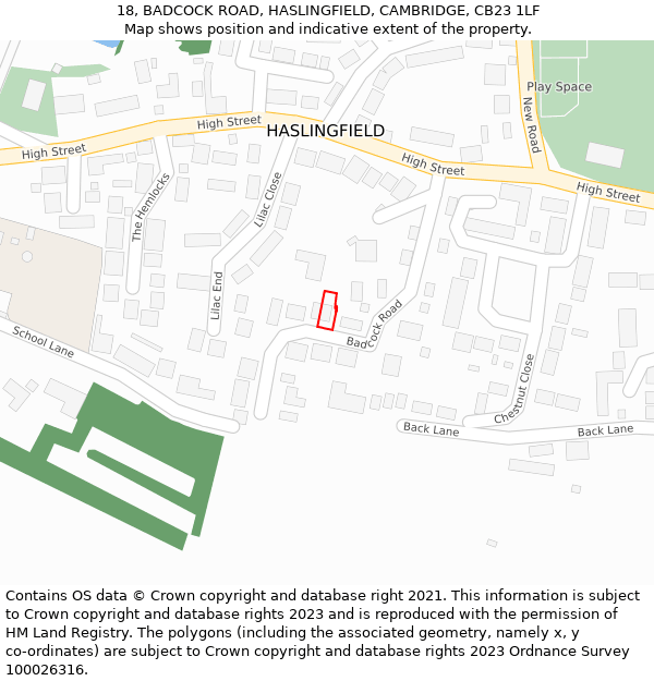 18, BADCOCK ROAD, HASLINGFIELD, CAMBRIDGE, CB23 1LF: Location map and indicative extent of plot