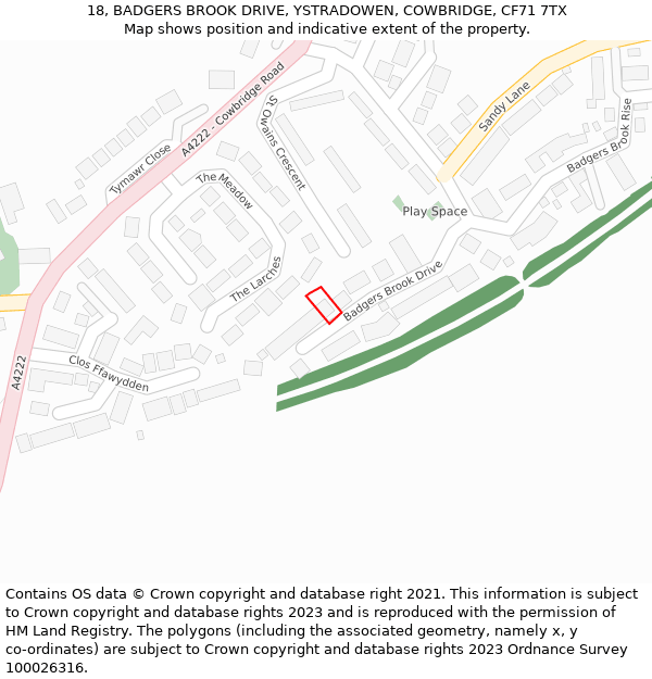 18, BADGERS BROOK DRIVE, YSTRADOWEN, COWBRIDGE, CF71 7TX: Location map and indicative extent of plot