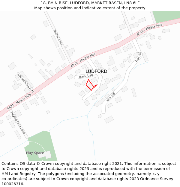 18, BAIN RISE, LUDFORD, MARKET RASEN, LN8 6LF: Location map and indicative extent of plot