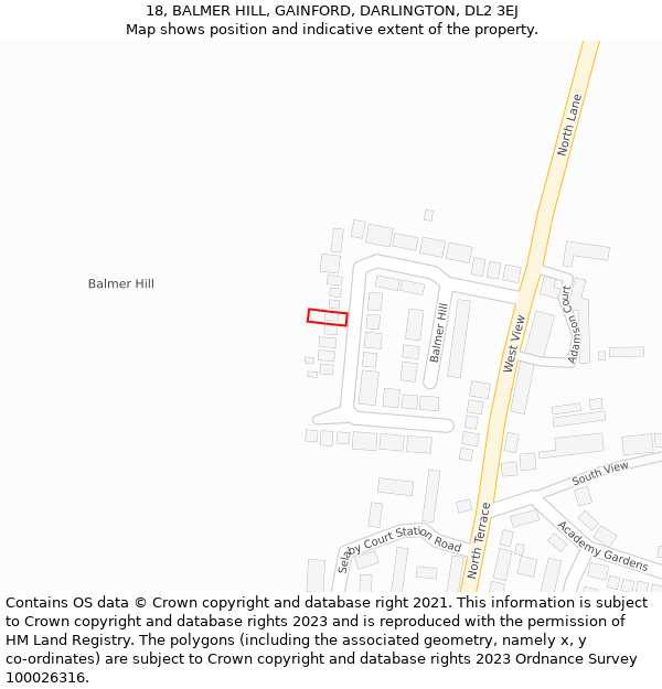 18, BALMER HILL, GAINFORD, DARLINGTON, DL2 3EJ: Location map and indicative extent of plot