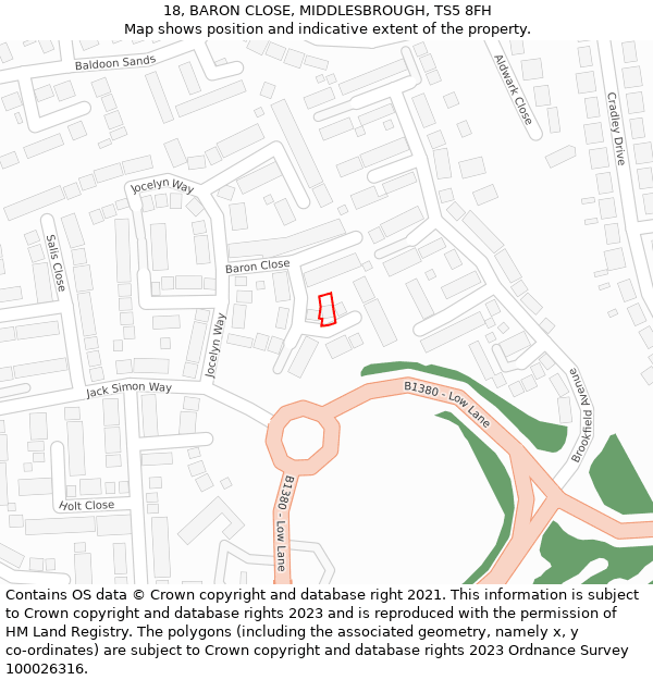 18, BARON CLOSE, MIDDLESBROUGH, TS5 8FH: Location map and indicative extent of plot