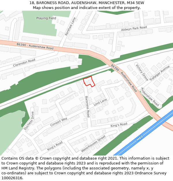 18, BARONESS ROAD, AUDENSHAW, MANCHESTER, M34 5EW: Location map and indicative extent of plot