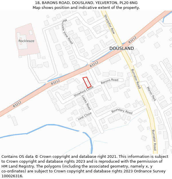 18, BARONS ROAD, DOUSLAND, YELVERTON, PL20 6NG: Location map and indicative extent of plot