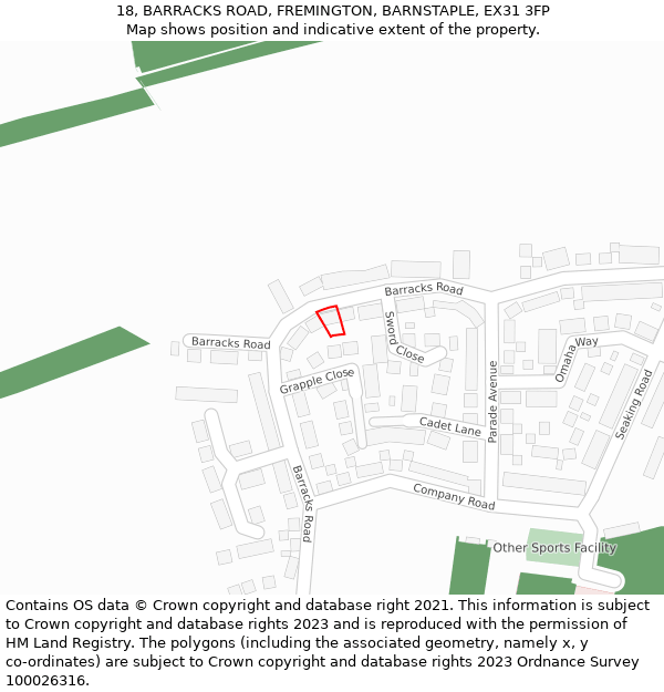 18, BARRACKS ROAD, FREMINGTON, BARNSTAPLE, EX31 3FP: Location map and indicative extent of plot