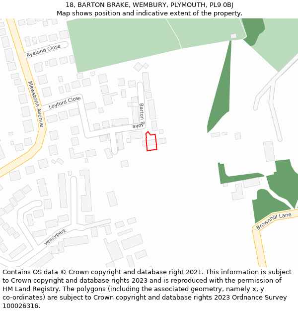 18, BARTON BRAKE, WEMBURY, PLYMOUTH, PL9 0BJ: Location map and indicative extent of plot