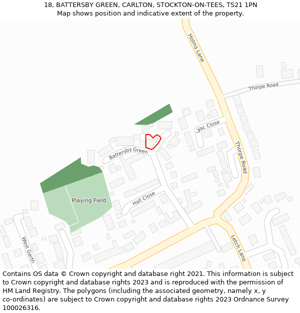 18, BATTERSBY GREEN, CARLTON, STOCKTON-ON-TEES, TS21 1PN: Location map and indicative extent of plot