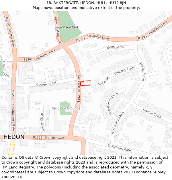 18, BAXTERGATE, HEDON, HULL, HU12 8JN: Location map and indicative extent of plot