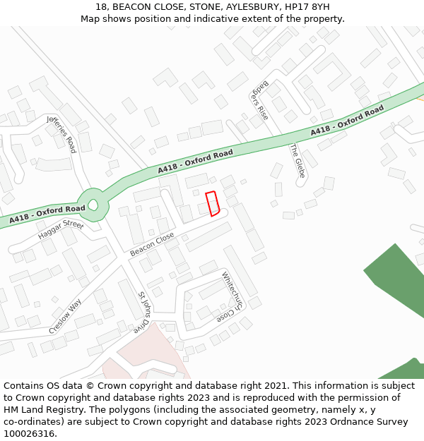 18, BEACON CLOSE, STONE, AYLESBURY, HP17 8YH: Location map and indicative extent of plot