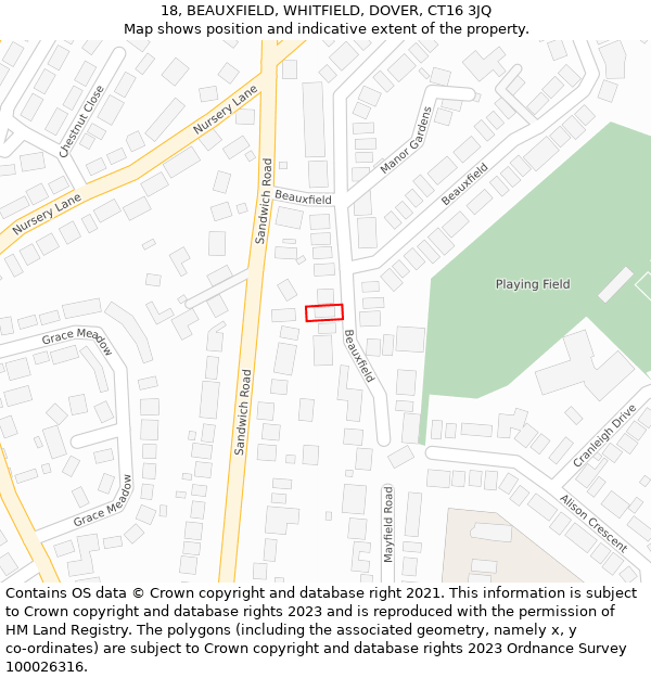 18, BEAUXFIELD, WHITFIELD, DOVER, CT16 3JQ: Location map and indicative extent of plot