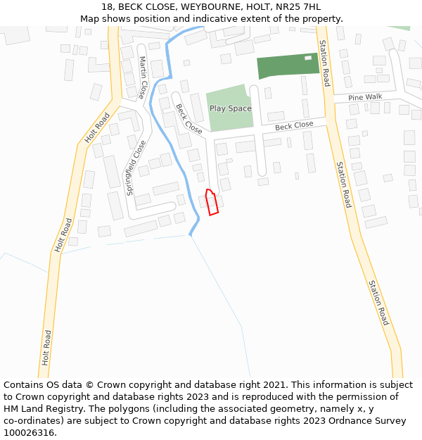 18, BECK CLOSE, WEYBOURNE, HOLT, NR25 7HL: Location map and indicative extent of plot