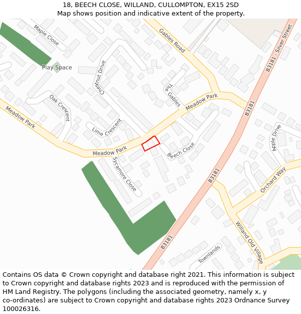 18, BEECH CLOSE, WILLAND, CULLOMPTON, EX15 2SD: Location map and indicative extent of plot