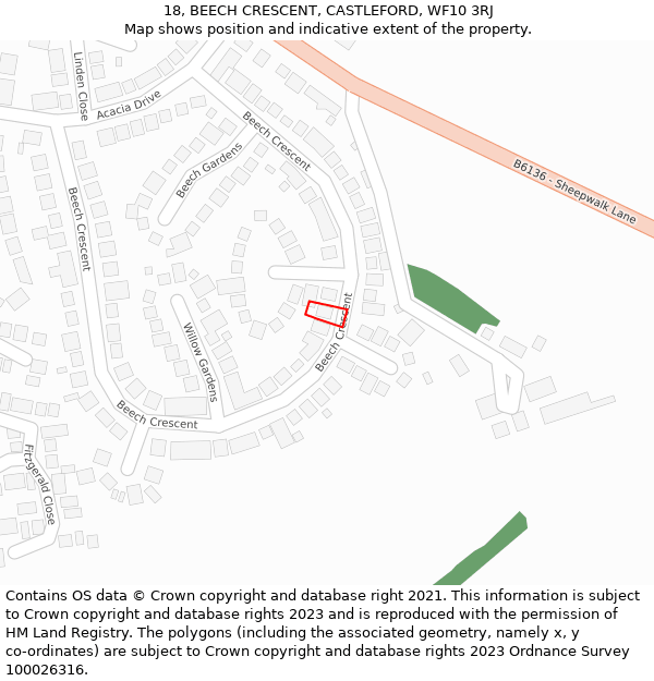 18, BEECH CRESCENT, CASTLEFORD, WF10 3RJ: Location map and indicative extent of plot