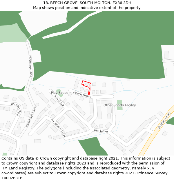 18, BEECH GROVE, SOUTH MOLTON, EX36 3DH: Location map and indicative extent of plot