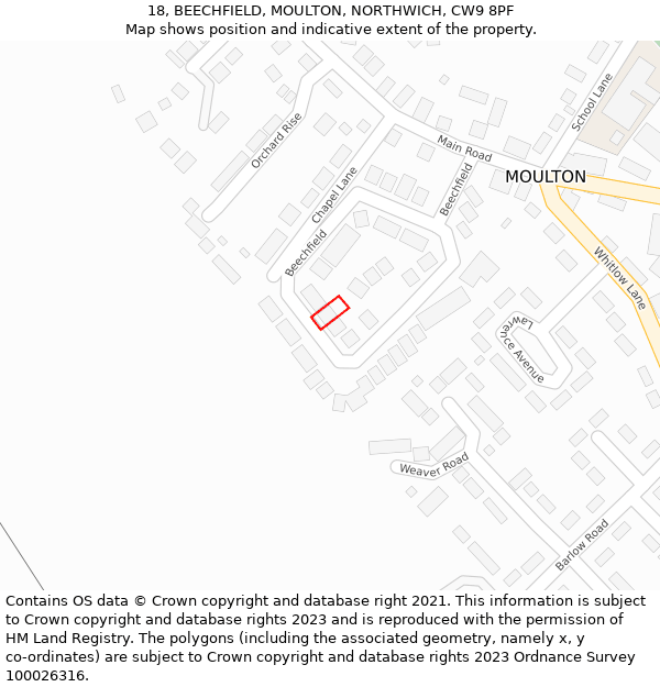 18, BEECHFIELD, MOULTON, NORTHWICH, CW9 8PF: Location map and indicative extent of plot