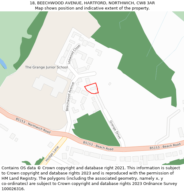 18, BEECHWOOD AVENUE, HARTFORD, NORTHWICH, CW8 3AR: Location map and indicative extent of plot