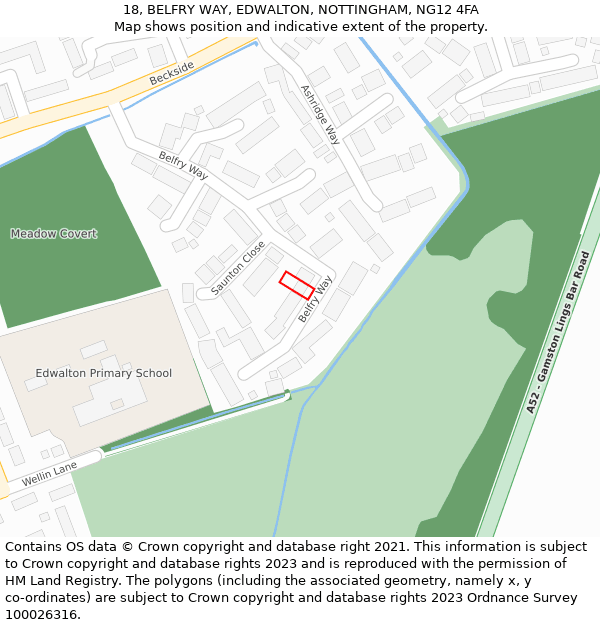 18, BELFRY WAY, EDWALTON, NOTTINGHAM, NG12 4FA: Location map and indicative extent of plot