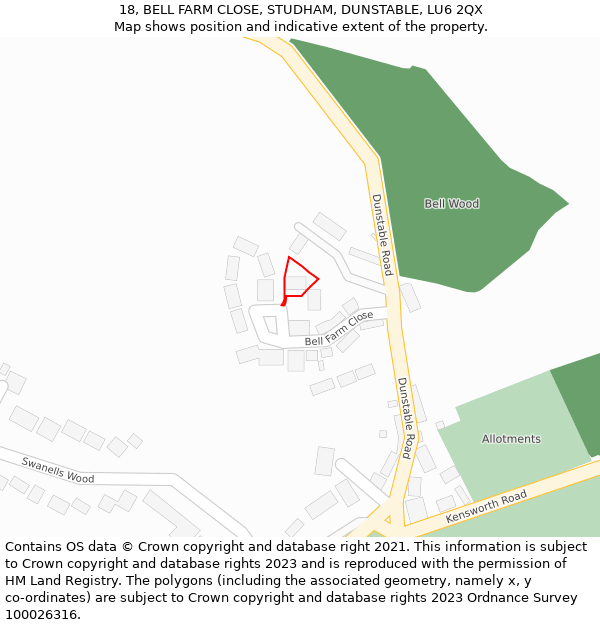 18, BELL FARM CLOSE, STUDHAM, DUNSTABLE, LU6 2QX: Location map and indicative extent of plot