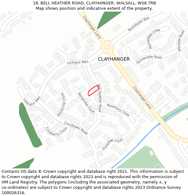 18, BELL HEATHER ROAD, CLAYHANGER, WALSALL, WS8 7RB: Location map and indicative extent of plot