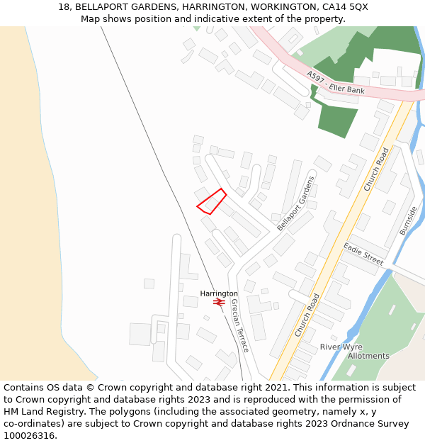 18, BELLAPORT GARDENS, HARRINGTON, WORKINGTON, CA14 5QX: Location map and indicative extent of plot