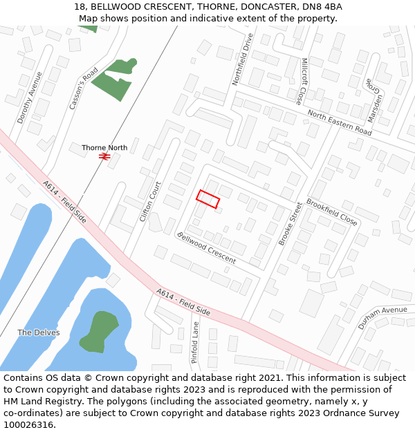 18, BELLWOOD CRESCENT, THORNE, DONCASTER, DN8 4BA: Location map and indicative extent of plot