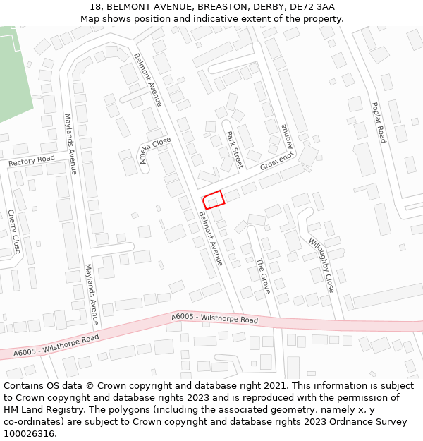 18, BELMONT AVENUE, BREASTON, DERBY, DE72 3AA: Location map and indicative extent of plot