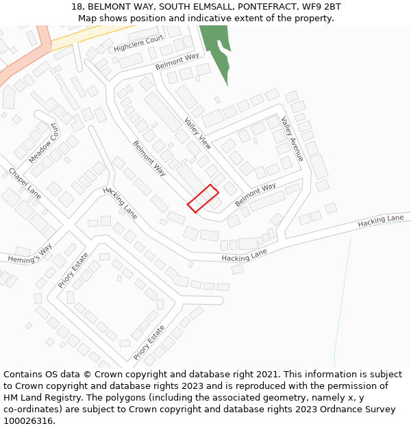 18, BELMONT WAY, SOUTH ELMSALL, PONTEFRACT, WF9 2BT: Location map and indicative extent of plot