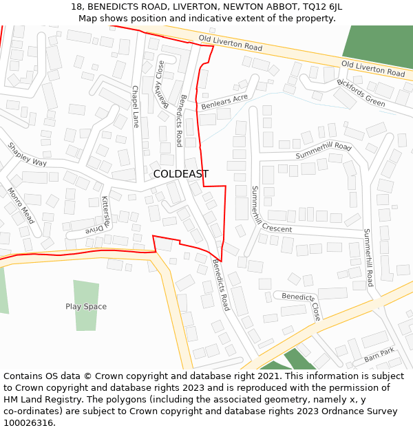 18, BENEDICTS ROAD, LIVERTON, NEWTON ABBOT, TQ12 6JL: Location map and indicative extent of plot