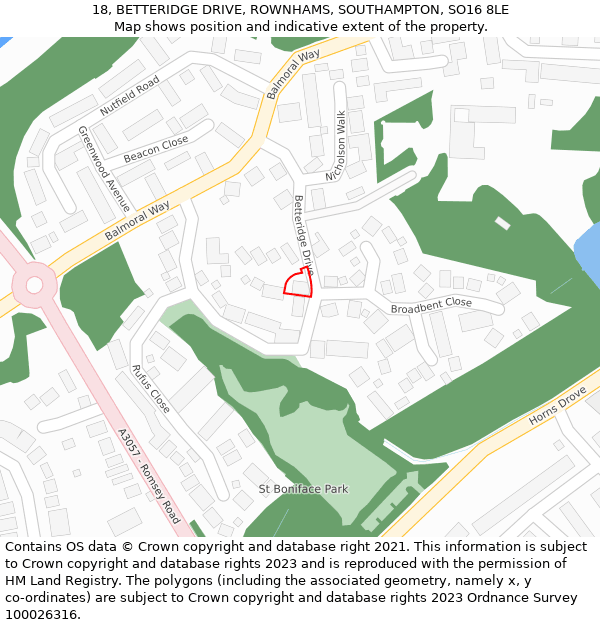 18, BETTERIDGE DRIVE, ROWNHAMS, SOUTHAMPTON, SO16 8LE: Location map and indicative extent of plot