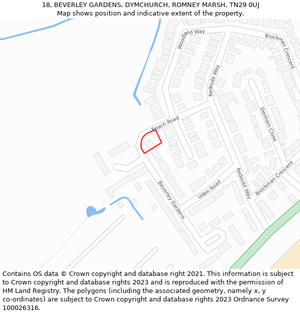 18, BEVERLEY GARDENS, DYMCHURCH, ROMNEY MARSH, TN29 0UJ: Location map and indicative extent of plot