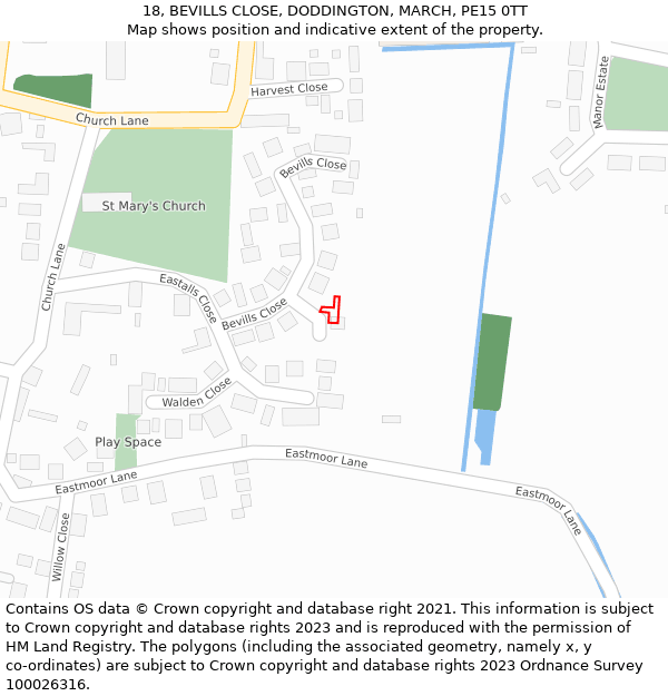 18, BEVILLS CLOSE, DODDINGTON, MARCH, PE15 0TT: Location map and indicative extent of plot