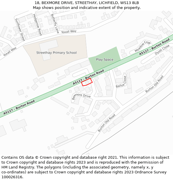 18, BEXMORE DRIVE, STREETHAY, LICHFIELD, WS13 8LB: Location map and indicative extent of plot