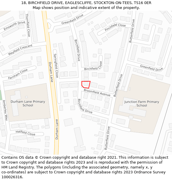 18, BIRCHFIELD DRIVE, EAGLESCLIFFE, STOCKTON-ON-TEES, TS16 0ER: Location map and indicative extent of plot