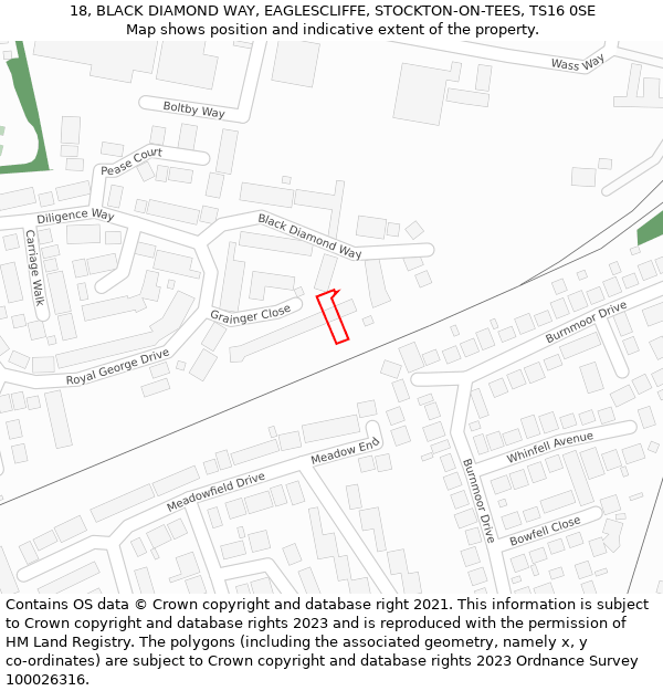 18, BLACK DIAMOND WAY, EAGLESCLIFFE, STOCKTON-ON-TEES, TS16 0SE: Location map and indicative extent of plot