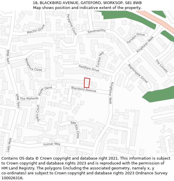 18, BLACKBIRD AVENUE, GATEFORD, WORKSOP, S81 8WB: Location map and indicative extent of plot