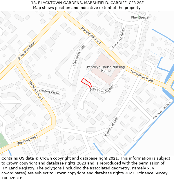 18, BLACKTOWN GARDENS, MARSHFIELD, CARDIFF, CF3 2SF: Location map and indicative extent of plot