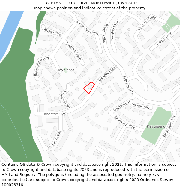 18, BLANDFORD DRIVE, NORTHWICH, CW9 8UD: Location map and indicative extent of plot