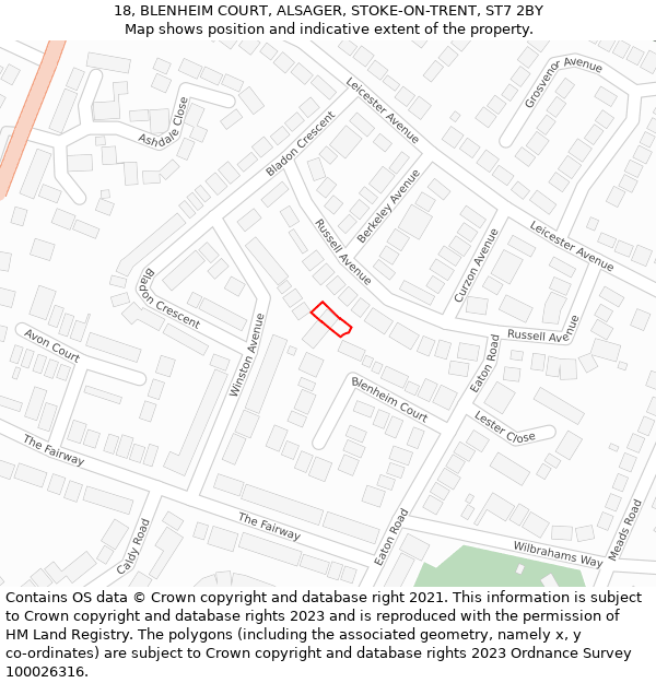 18, BLENHEIM COURT, ALSAGER, STOKE-ON-TRENT, ST7 2BY: Location map and indicative extent of plot