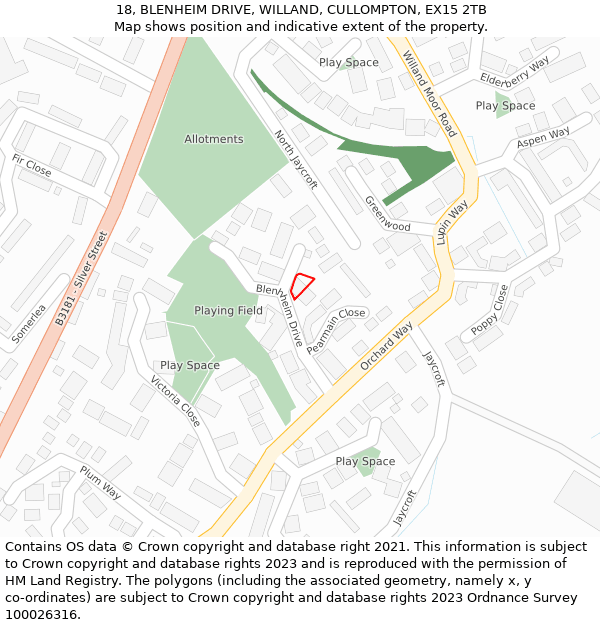 18, BLENHEIM DRIVE, WILLAND, CULLOMPTON, EX15 2TB: Location map and indicative extent of plot