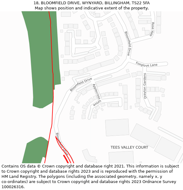 18, BLOOMFIELD DRIVE, WYNYARD, BILLINGHAM, TS22 5FA: Location map and indicative extent of plot