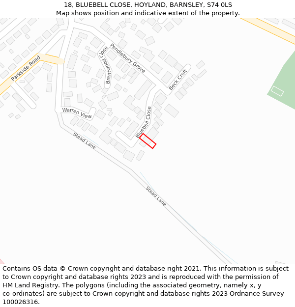 18, BLUEBELL CLOSE, HOYLAND, BARNSLEY, S74 0LS: Location map and indicative extent of plot