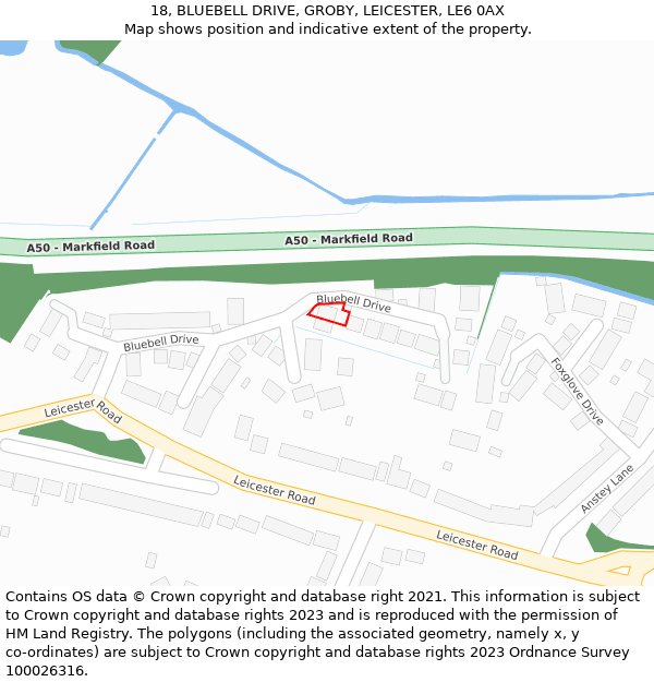18, BLUEBELL DRIVE, GROBY, LEICESTER, LE6 0AX: Location map and indicative extent of plot