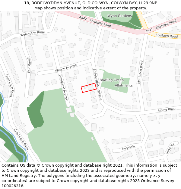 18, BODELWYDDAN AVENUE, OLD COLWYN, COLWYN BAY, LL29 9NP: Location map and indicative extent of plot